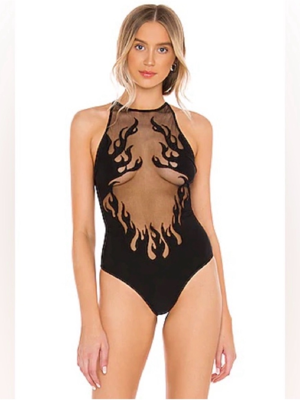 Thistle and Spire Smokin Mirrors Mesh Flame Bodysuit Black Size Large Flaw
